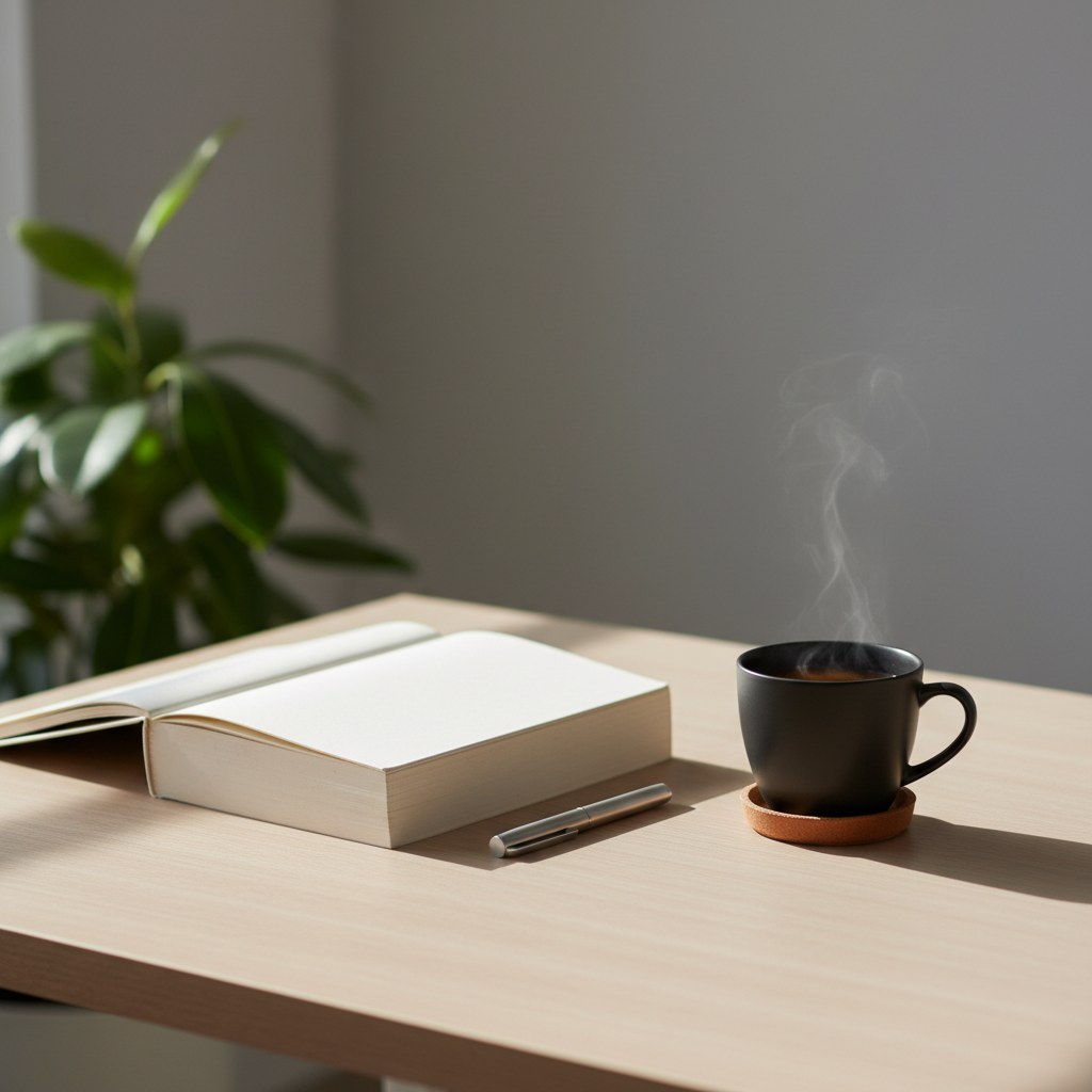 Escritorio minimalista con un libro y una taza de té