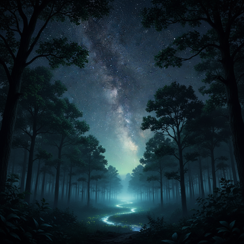 Cielo estrellado sobre un bosque tranquilo