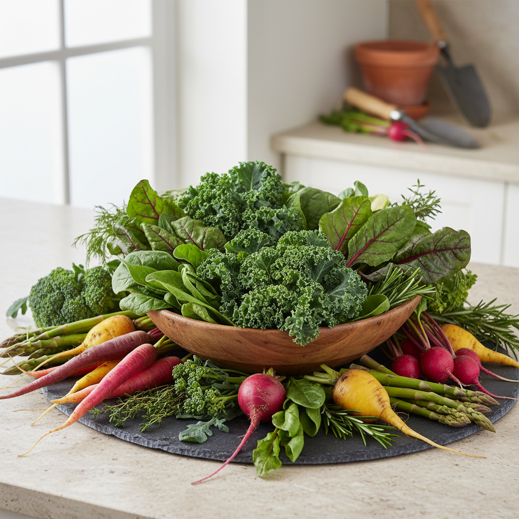 Hojas verdes y vegetales de temporada